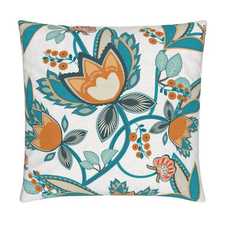 Image of a cotton linen blend throw pillow cover featuring colorful stylized flowers in teal and orange against a white background