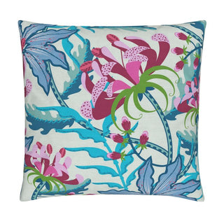 Image of a cotton linen blend throw pillow cover featuring colorful stylized flowers against a white background