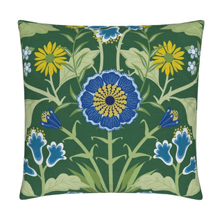 Image of a cotton linen blend throw pillow cover featuring stylized flowers against a green background