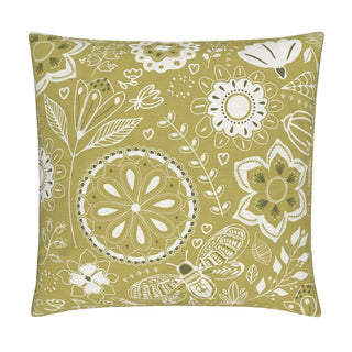 Image of a cotton linen blend throw pillow cover featuring stylized flowers against a gold background