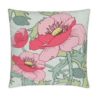 Image of pillow cover featuring hand drawn poppies in pink and rose color, surrounded by leaves, on a pale green background.