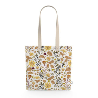 canvas tote with tan and gold wildflowers and leaves