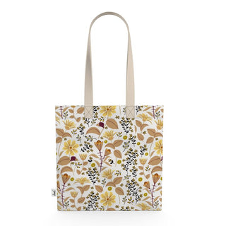 canvas tote with tan and gold wildflowers and leaves