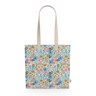 Cotton canvas tote bag with colorful flowers in pastel colors.