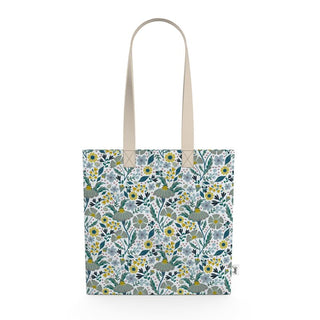 Tote bag with hand drawn floral pattern in shades of green and gold. sold online at jean c studio