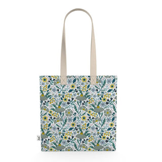 Tote bag with hand drawn floral pattern in shades of green and gold. sold online at jean c studio