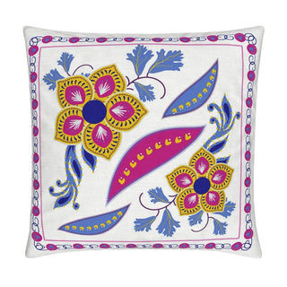 pillow featuring hand drawn flowers in blues, gold, and dark pink colors. sold online at jean c studio as a pillow cover.