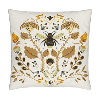 image of pillow with big bumblebee and flowers on it. sold online as a pillow cover at jean c studio
