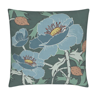Floral-patterned pillow in blues and greens featuring hand drawn poppies. sold online at Jean C studio