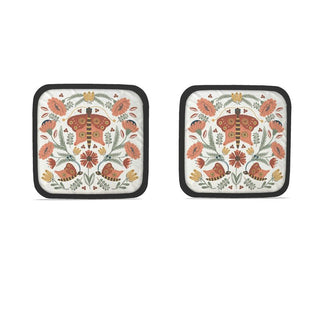 potholders featuring illustration of hand drawn butterfly and flowers in peach and gold and rust. sold online at jean c studio