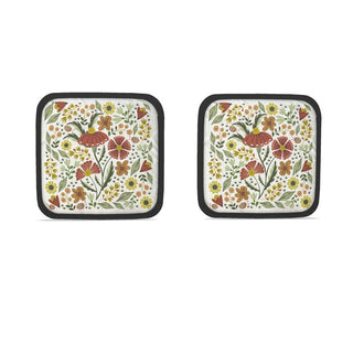 two potholders featuring illustration of hand drawn flowers and lady bugs in rust and gold colors. Sold online at Jean c studio