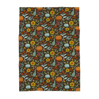Image of tea towel with pumpkins, sunflowers, berries and leaves. Sold online at Jean C Studio