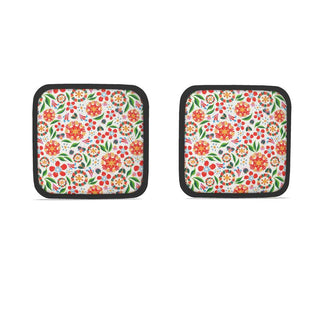 Two potholders with illustration of bright colorful flowers and leaves. Sold online at JeanC Studio.