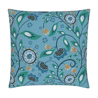 image of pillow cover with hand drawn flowers in a trailing pattern - blue and green color palette. Sold online at JeanC Studio