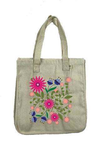 image of hemp tote with illustration of colorful flowers in pink, coral and blue with green leaves