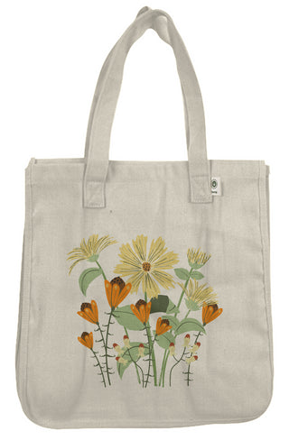Perennial Favorites Hemp Market Tote featuring yellow sunflowers, orange abstract flowers, green leaves