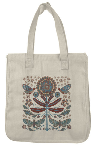 Tote bag featuring illustration of flowers and moths