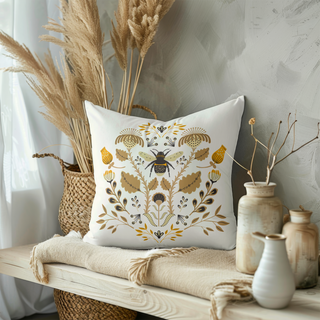 Decorative pillow with floral and bee design on a wooden surface with natural elements. sold online at jean c studio as a pillow cover.