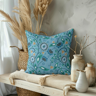 Decorative blue pillow with floral art on a bench. Sold online at JeanC Studio.