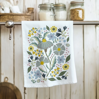 Coneflowers and Ladybugs Teal Cotton Tea Towel