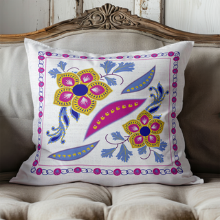 pillow featuring hand drawn flowers in blues, gold, and dark pink colors. sold online at jean c studio as a pillow cover.