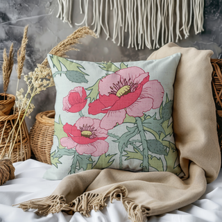 Poppies and Leaves Light Cotton Linen Pillow Cover