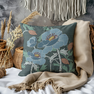 Floral-patterned pillow in blues and greens featuring hand drawn poppies. sold online at Jean C studio