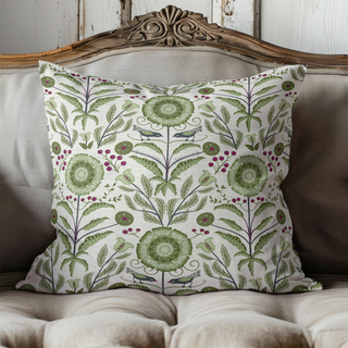 Pillow with illustration of flowers and birds. Sold by JeanC Studio