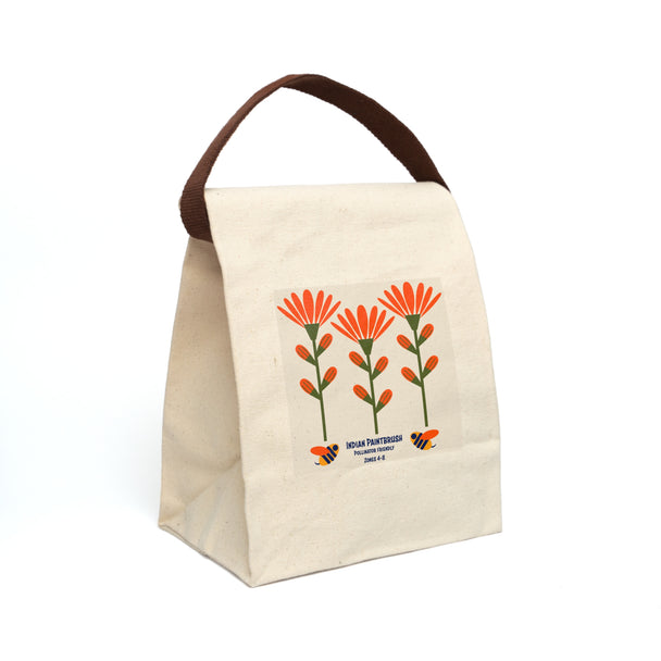 image of canvas lunch bag with illustration of abstract indian paintbrush flowers and bees