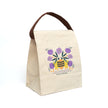 image of canvas lunch bag with illustration of large bee and purple flowers