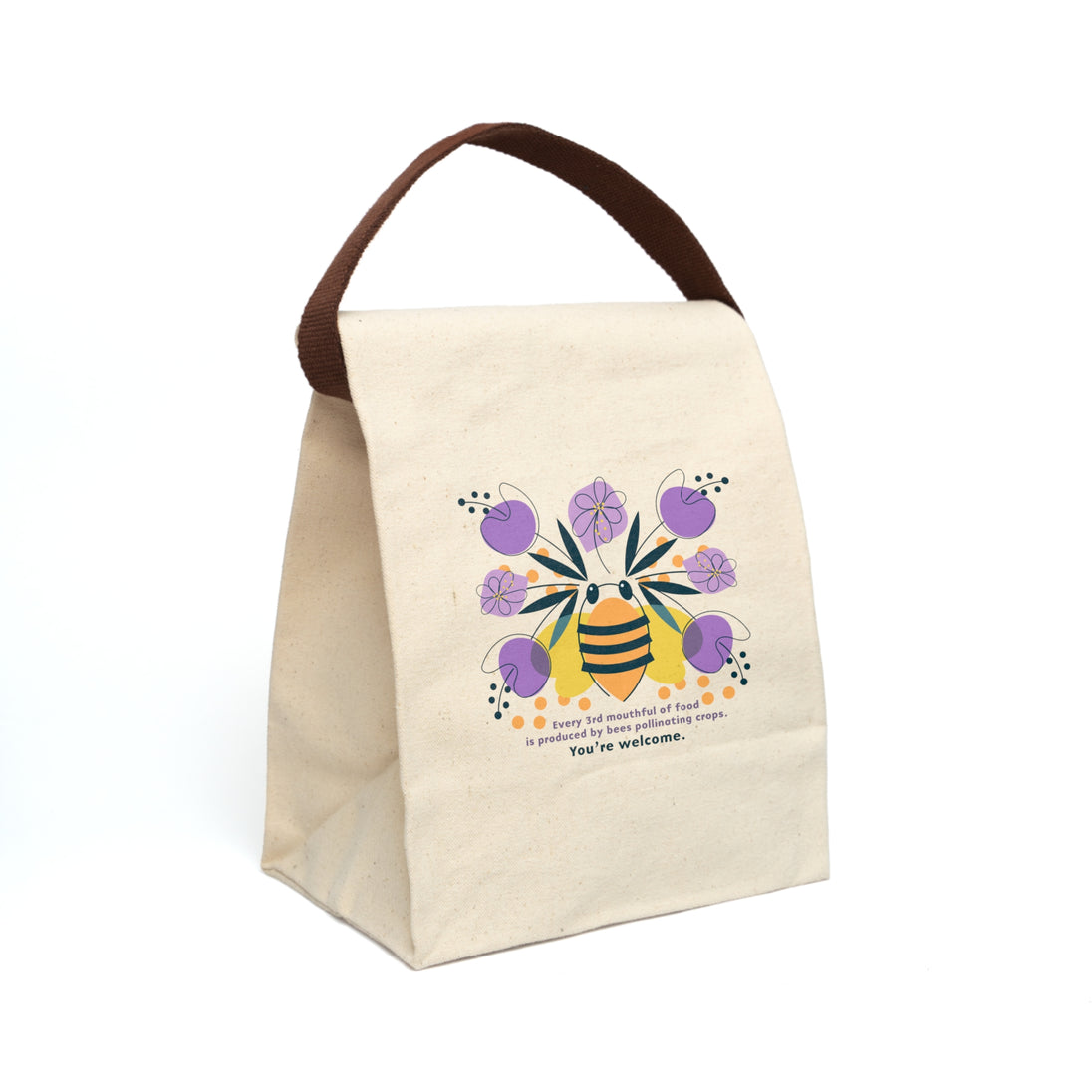 image of canvas lunch bag with illustration of large bee and purple flowers