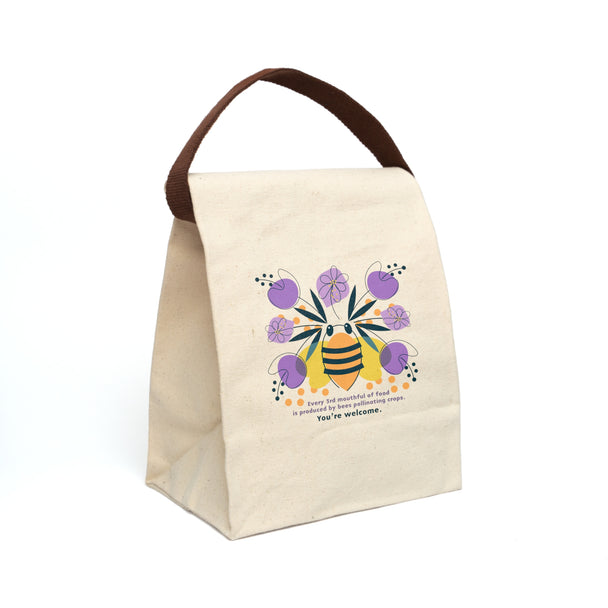 image of canvas lunch bag with illustration of large bee and purple flowers
