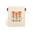 image of canvas lunch bag with illustration of abstract indian paintbrush flowers and bees