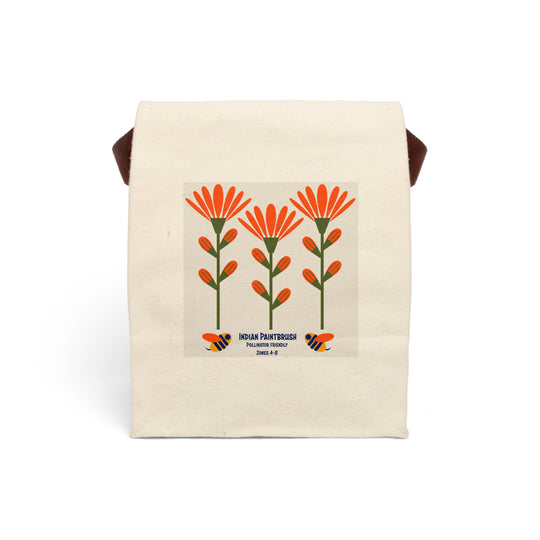 image of canvas lunch bag with illustration of abstract indian paintbrush flowers and bees
