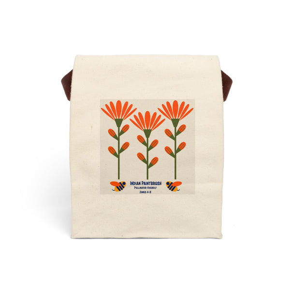 image of canvas lunch bag with illustration of abstract indian paintbrush flowers and bees