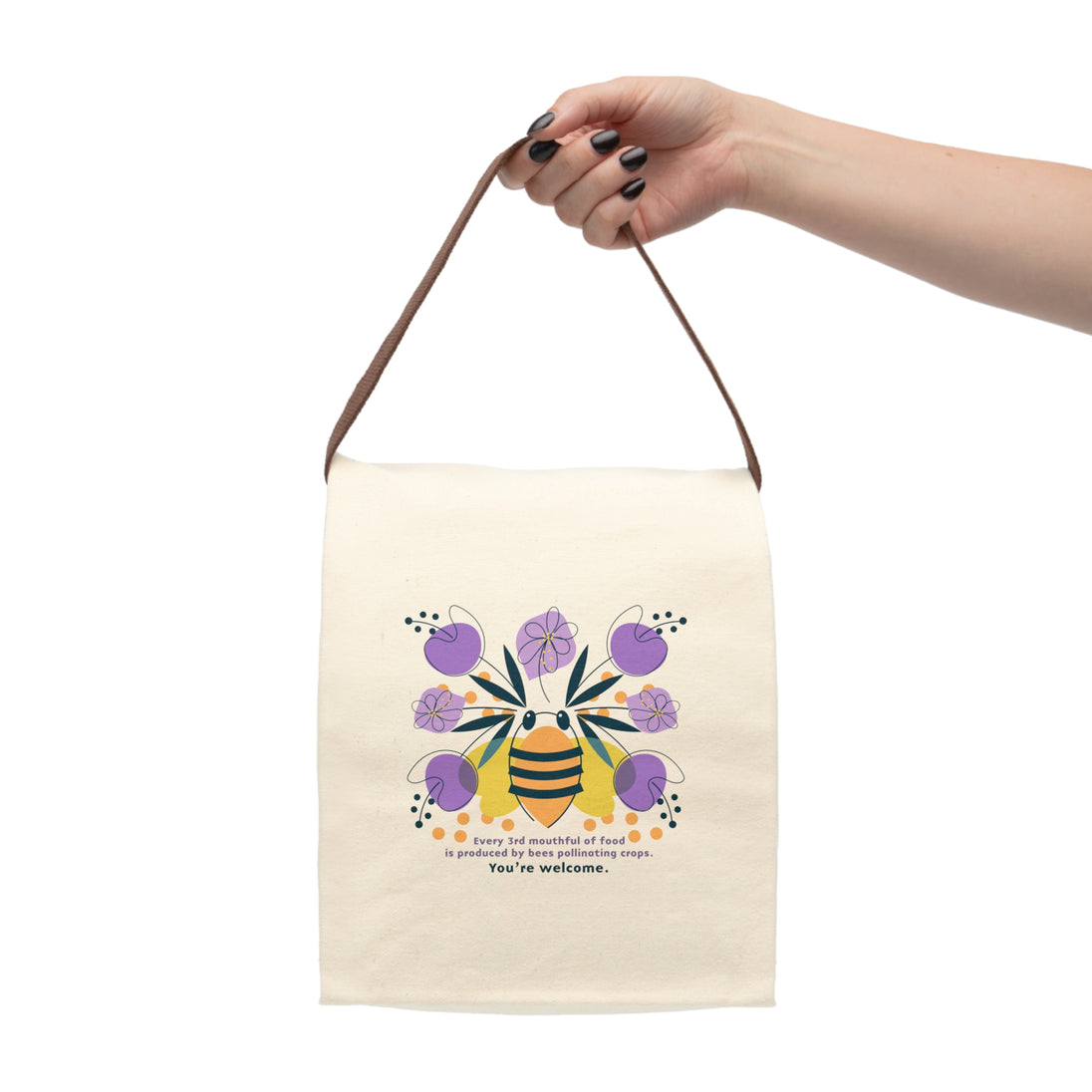 image of canvas lunch bag with illustration of large bee and purple flowers