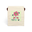image of canvas lunch bag with illustration of bees and red coneflowers