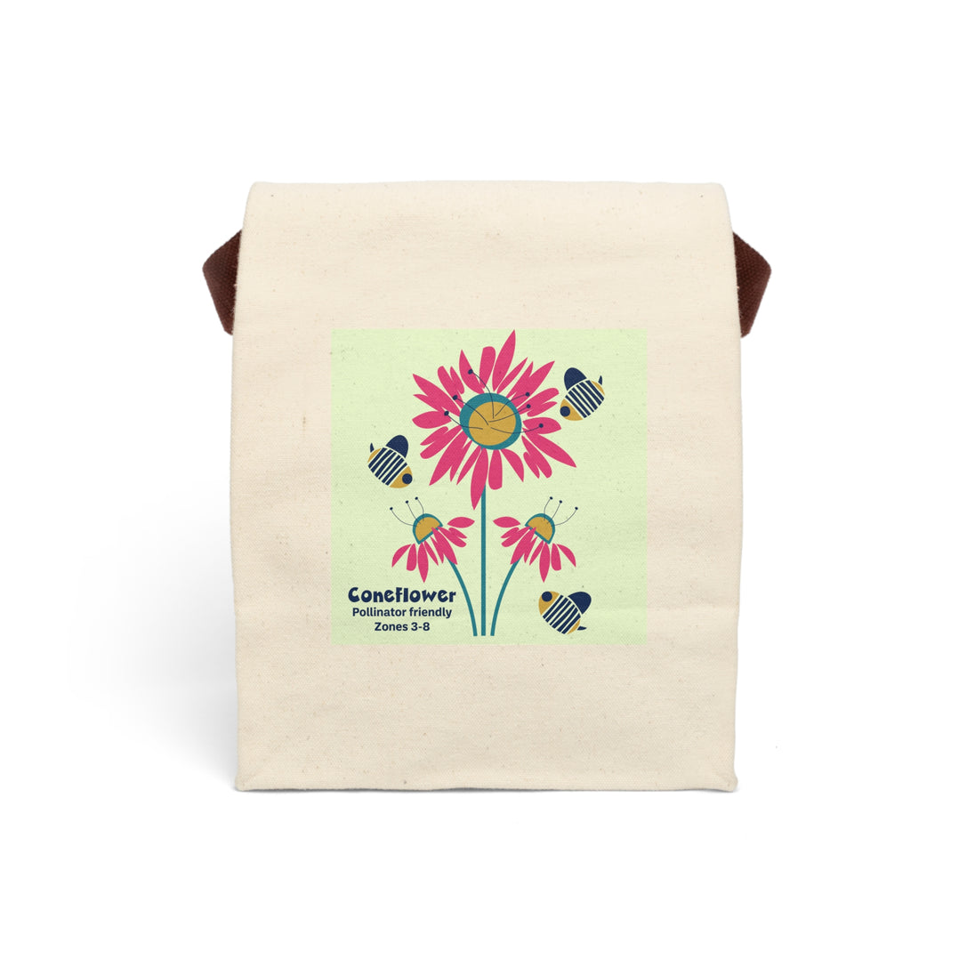 image of canvas lunch bag with illustration of bees and red coneflowers