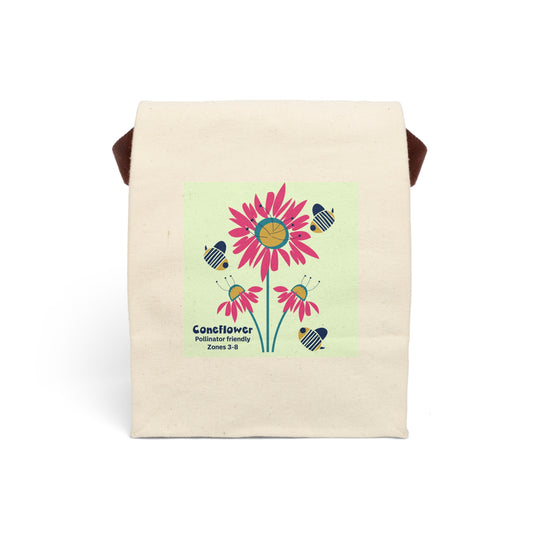 image of canvas lunch bag with illustration of bees and red coneflowers