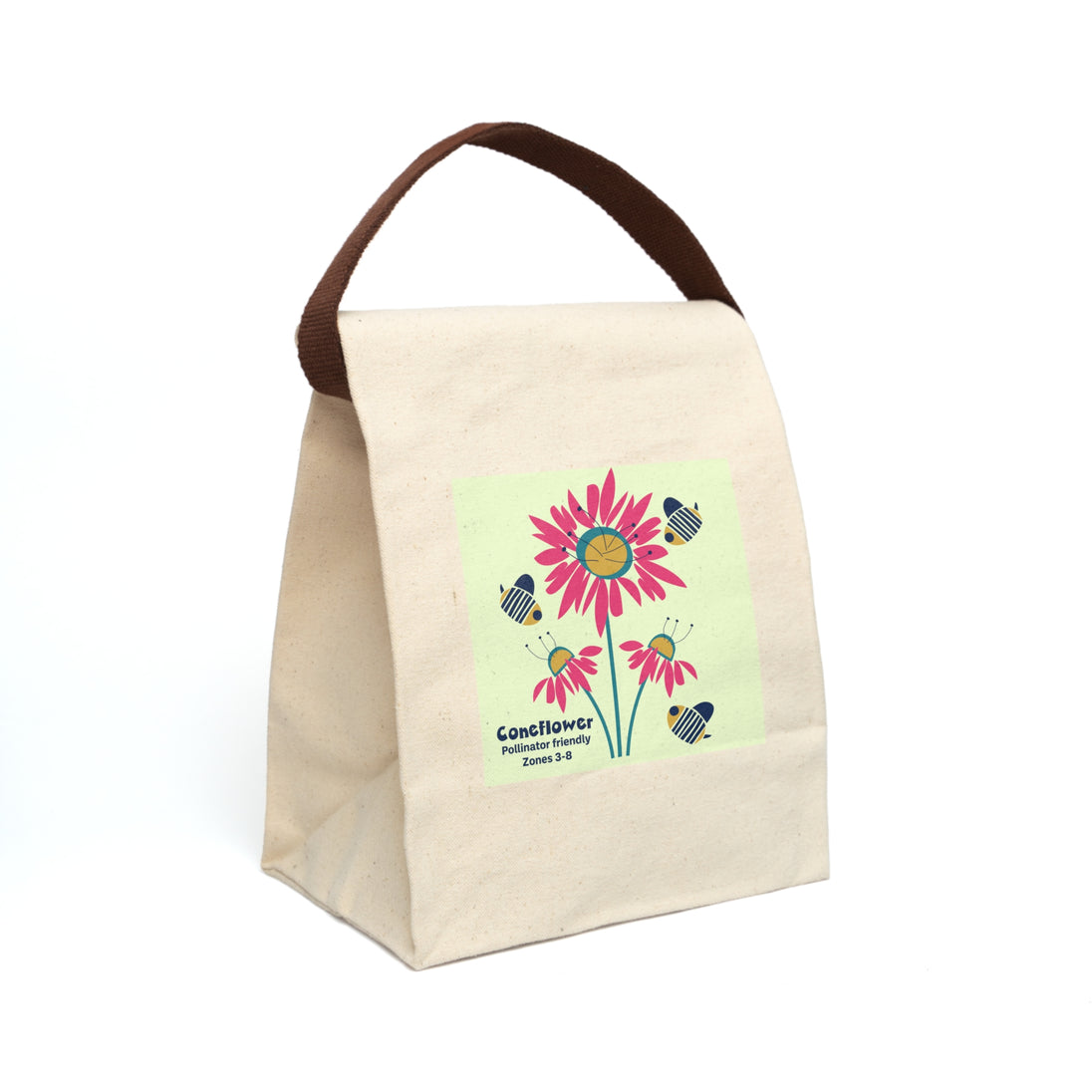 image of canvas lunch bag with illustration of bees and red coneflowers