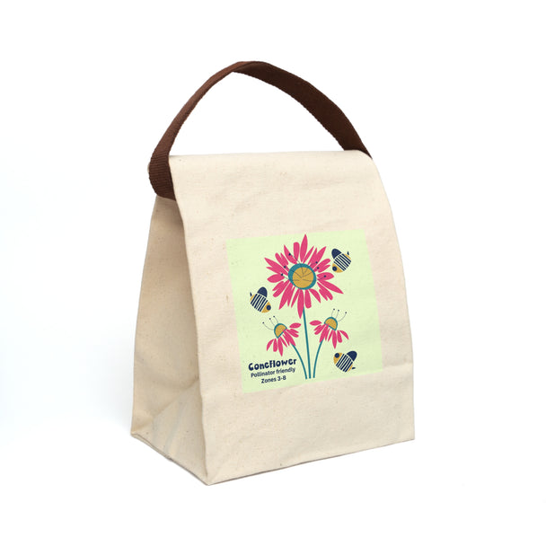 image of canvas lunch bag with illustration of bees and red coneflowers