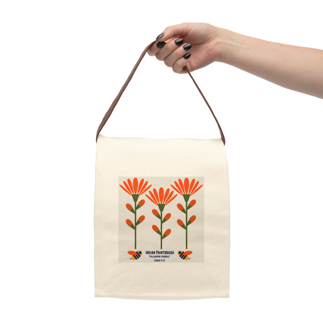 image of canvas lunch bag with illustration of abstract indian paintbrush flowers and bees