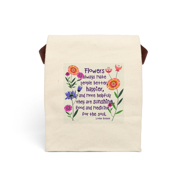 image of canvas lunch bag with illustration of stylized orange, pink and purple flowers and a saying about flowers