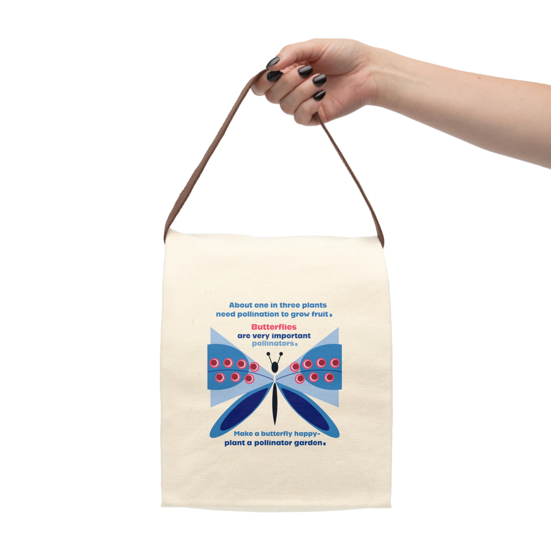 image of canvas lunch bag with illustration of large stylized blue butterfly and message about the importance of butterflies as pollinators