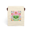Pink Coneflowers and other flowers on a beige lunch bag with brown handles