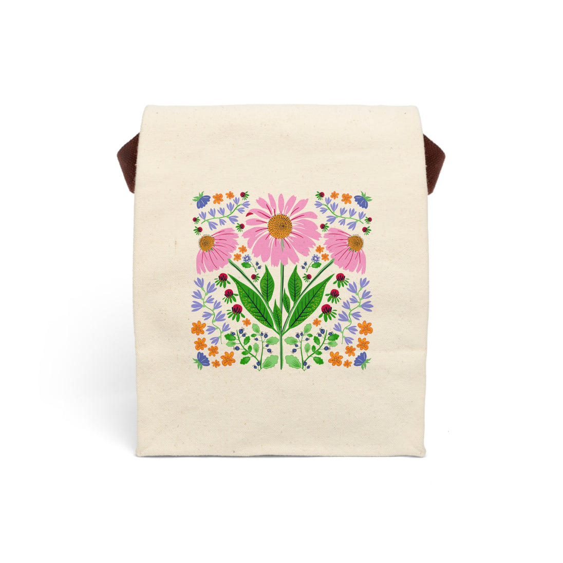 Pink Coneflowers and other flowers on a beige lunch bag with brown handles