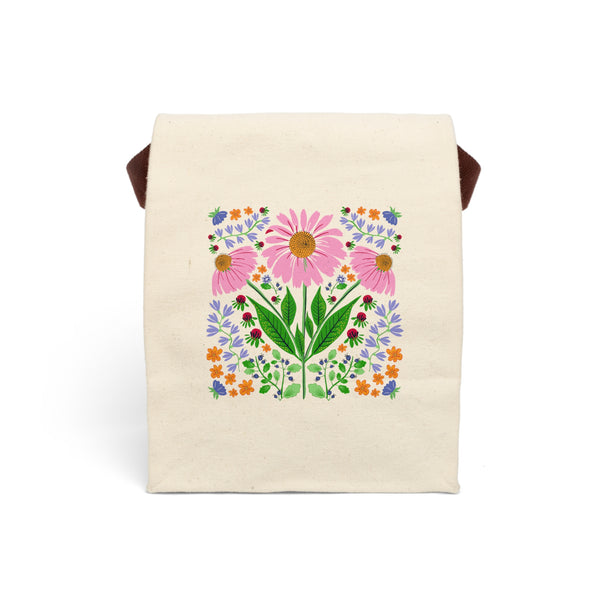 Pink Coneflowers and other flowers on a beige lunch bag with brown handles