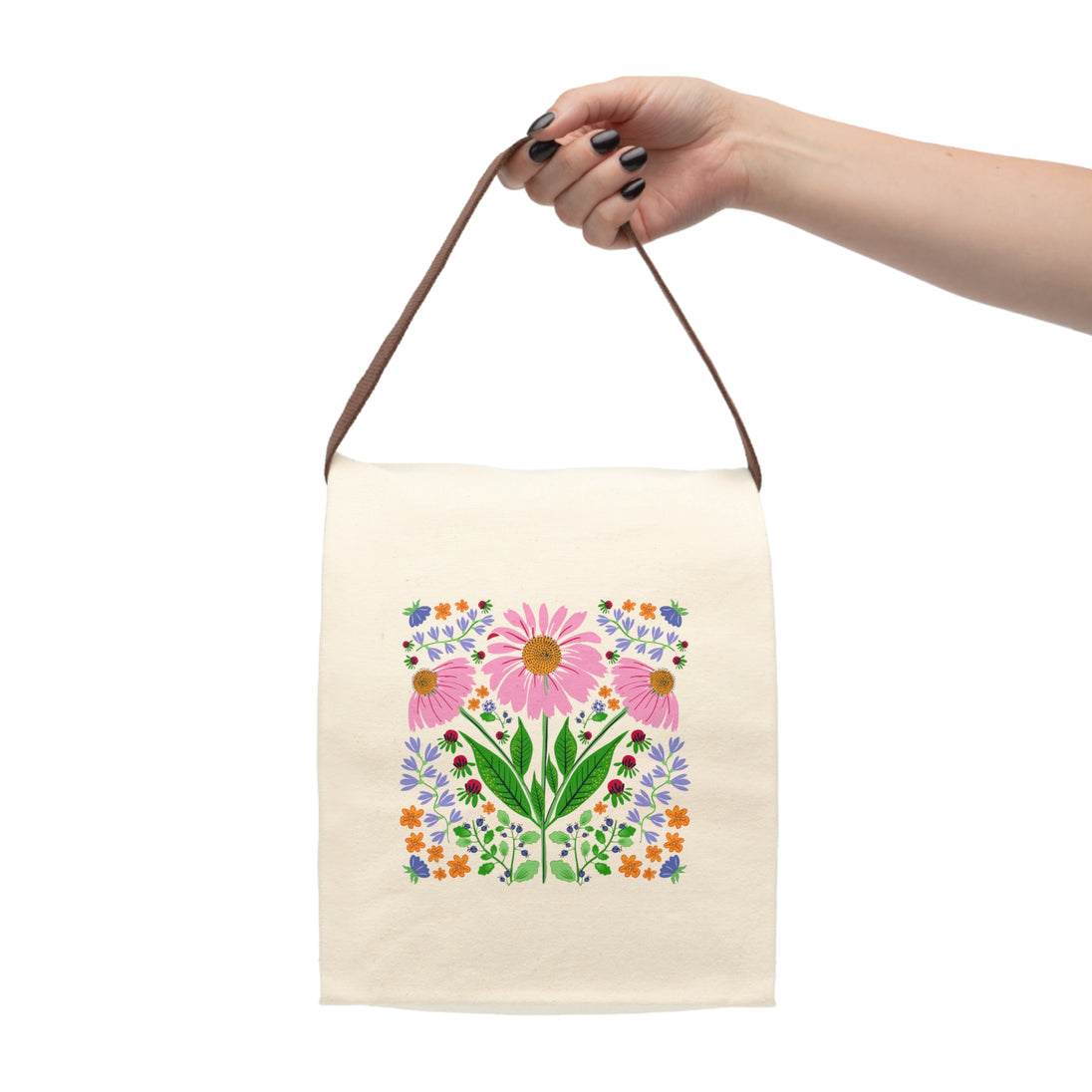 Pink Coneflowers and other flowers on a beige lunch bag with brown handles