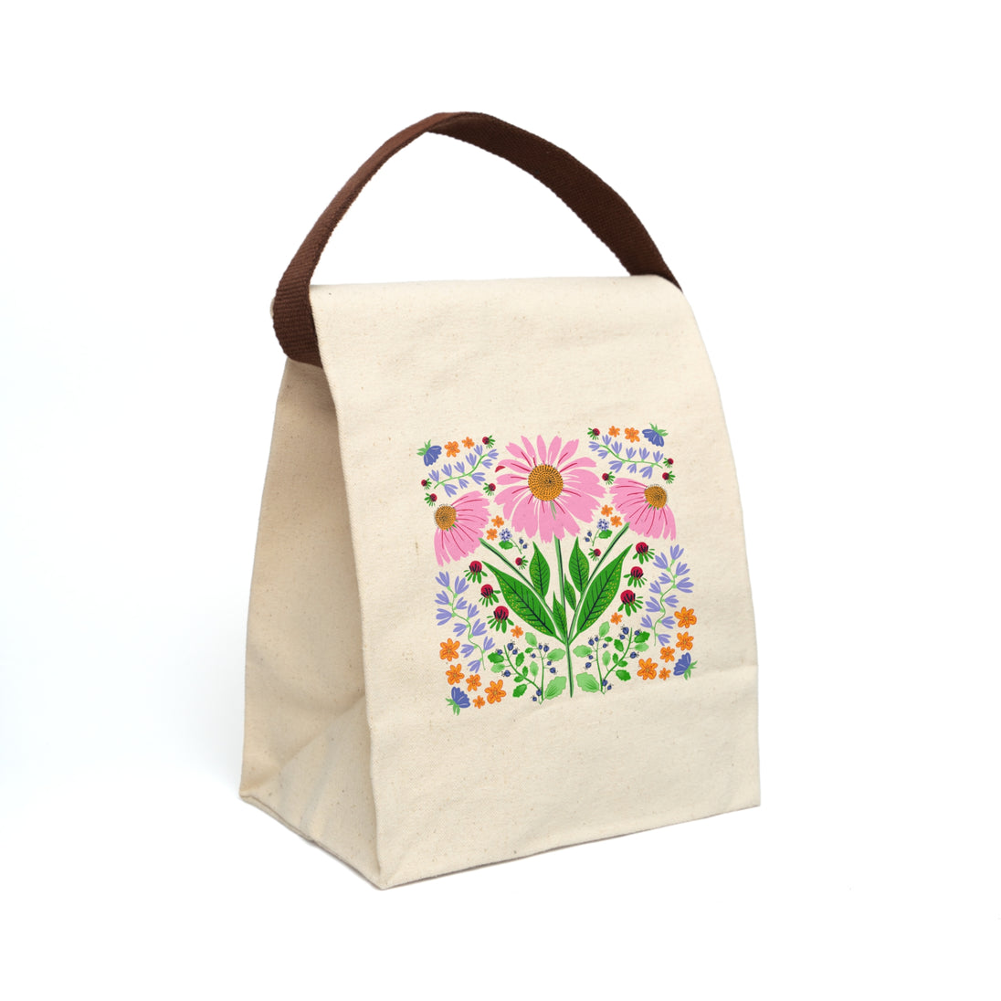 Pink Coneflowers and other flowers on a beige lunch bag with brown handles