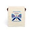 image of canvas lunch bag with illustration of large stylized blue butterfly and message about the importance of butterflies as pollinators